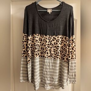 Long Sleeve XL Shirt, gray, striped & leopard print.